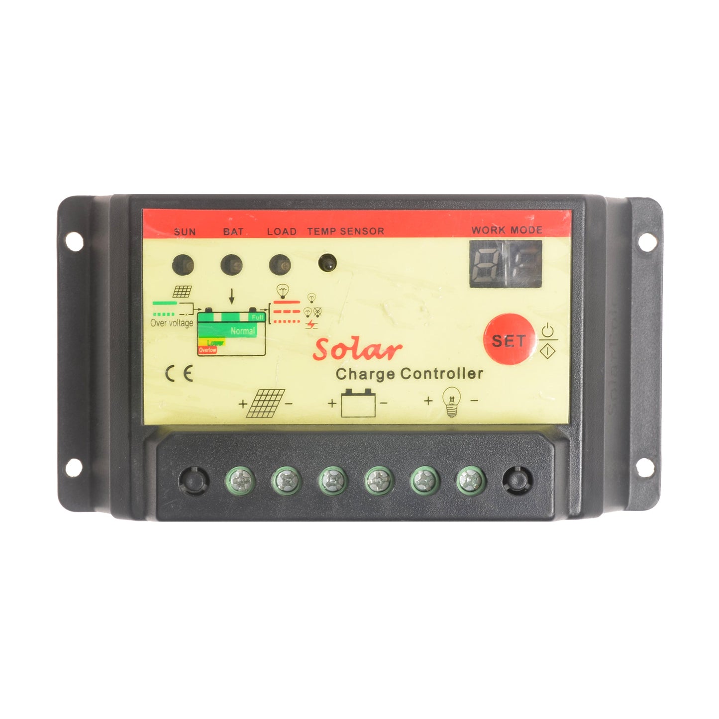 SolarEpic 20A solar charge controller with LCD display, SET button, status LEDs and screw terminal connections