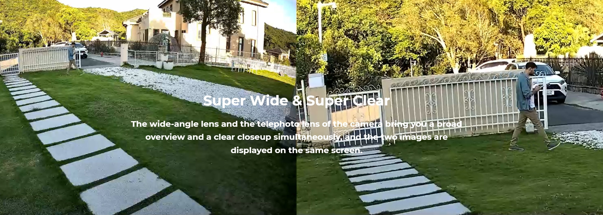 Reolink TrackMix LTE 4G Battery Camera, Captures a broad view with simultaneous close-up, displaying both images on one screen.