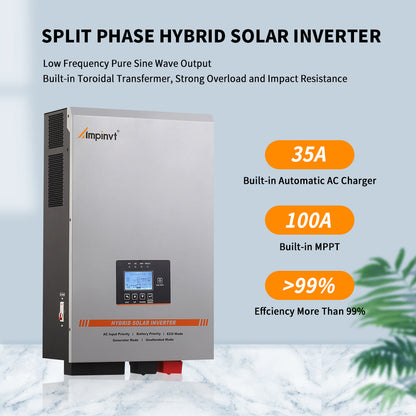 Split phase hybrid solar inverter feature graphic showing 35A AC charger and 100A MPPT callouts