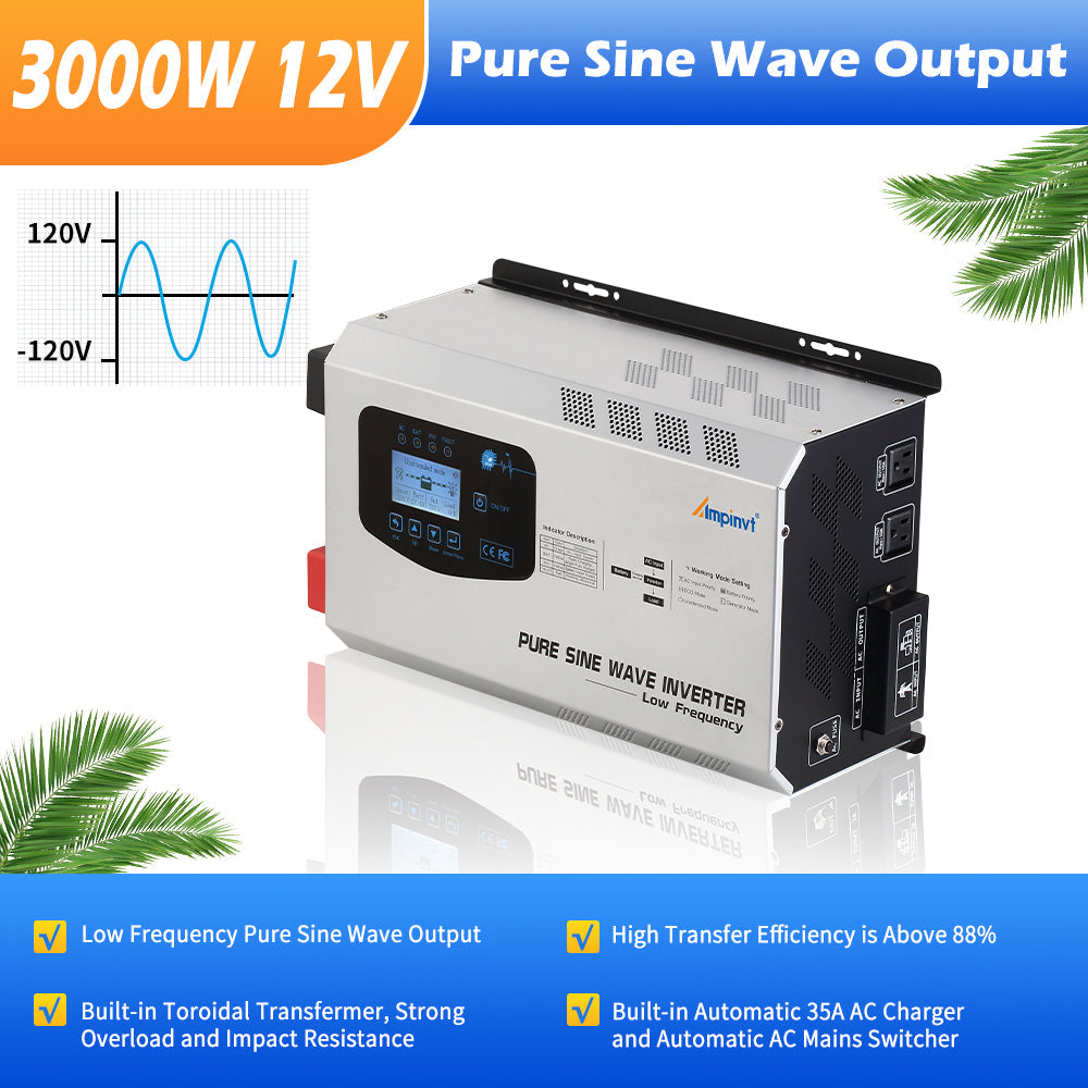 3000W 12V pure sine wave output graphic showing inverter features and 35A AC charger
