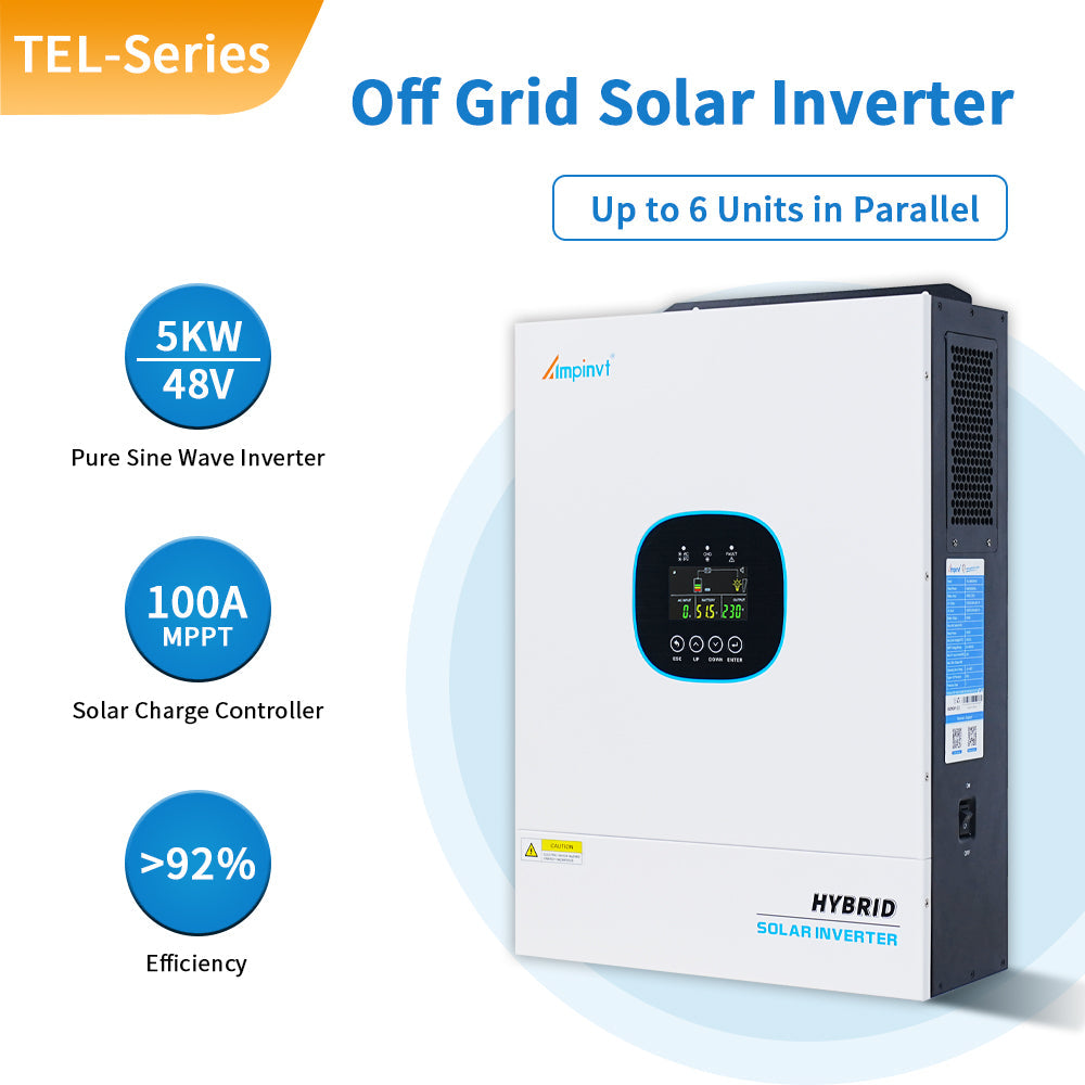 TEL-Series off-grid solar inverter graphic showing 5kW 48V, 100A MPPT, up to 6 units in parallel, >92% efficiency