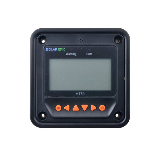 SolarEpic MT50 LCD remote meter with display screen, orange navigation buttons, and four mounting holes