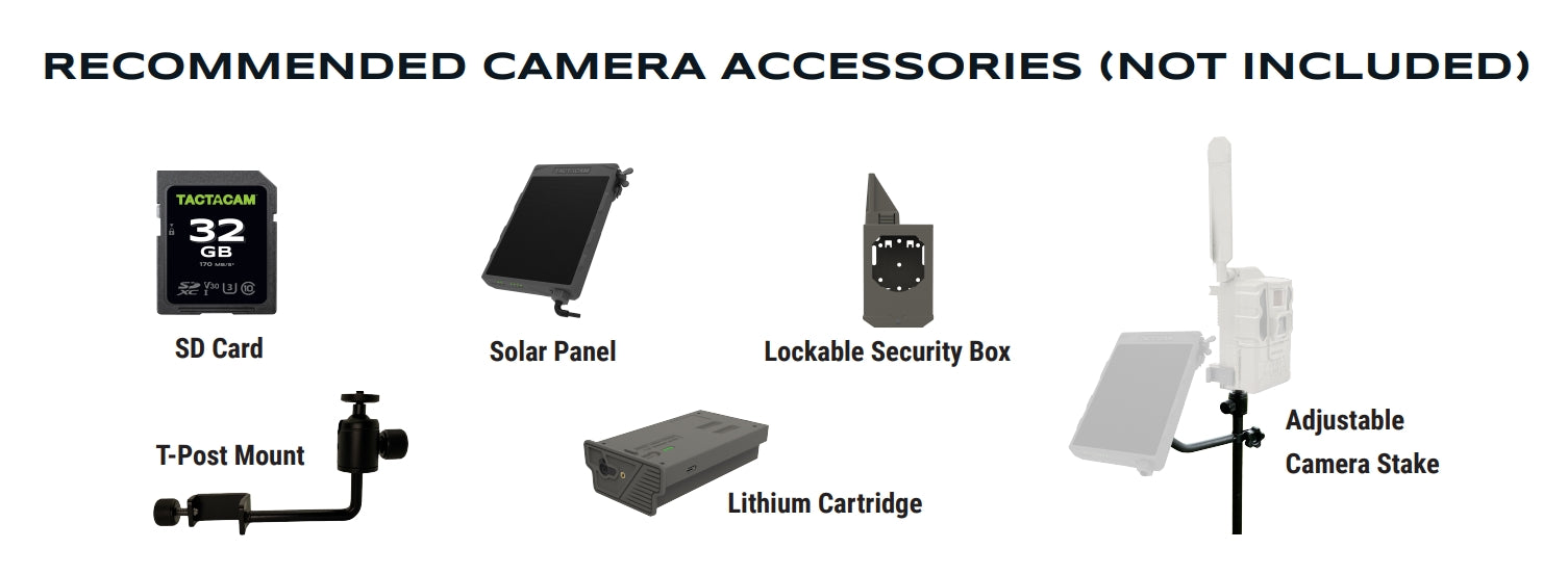 Tactacam Reveal Pro 3.0, Recommended accessories for surveillance camera: SD card, solar panel, security box, mounting options, and battery cartridge.