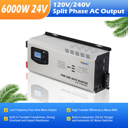 Ampinvt 6000W DC 24V Split Phase Pure Sine wave Inverter with AC Charger