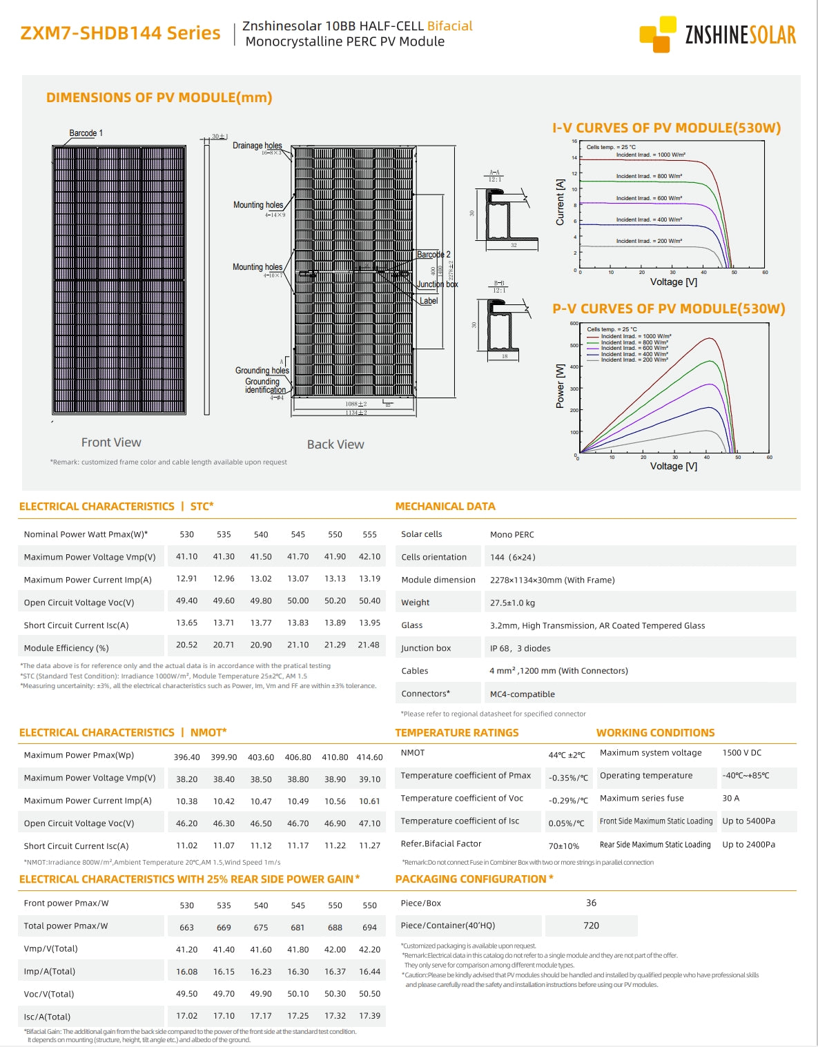 Znshine 550W Solar Panel: Monocrystalline PERC PV module with specifications and dimensions.