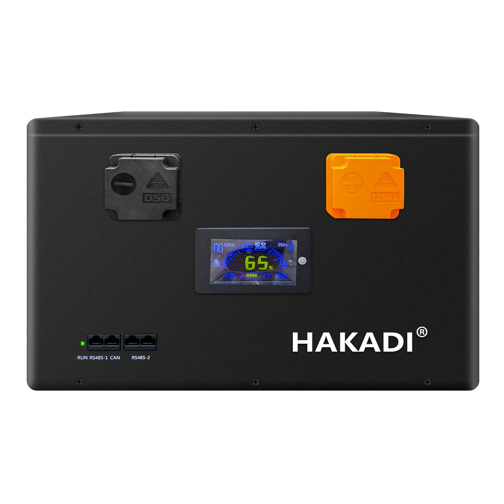HAKADI 12V LiFePO4 DIY battery box front panel with LCD monitor, terminals, and RS485/CAN ports