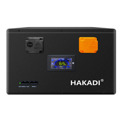 HAKADI 12V LiFePO4 DIY battery box front panel with LCD monitor, terminals, and RS485/CAN ports