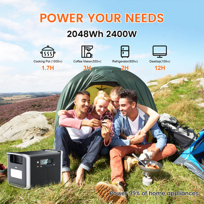 A portable power station with 2048Wh capacity, 2400W AC output, and 13 ports for versatility.