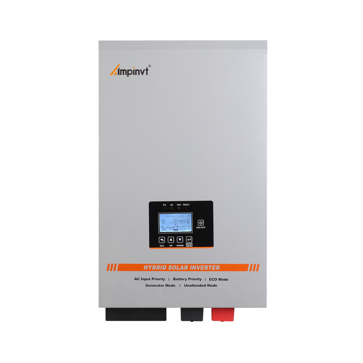 Ampinvt 5KW 24VDC hybrid solar inverter front panel with LCD screen, status LEDs, and control buttons