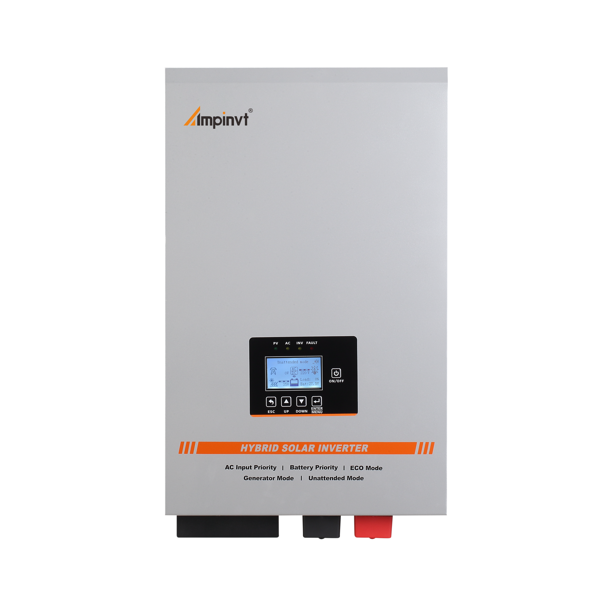 Ampinvt 5KW 24VDC hybrid solar inverter front panel with LCD screen, status LEDs, and control buttons