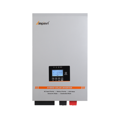 Ampinvt 5KW 24VDC hybrid solar inverter front panel with LCD screen, status LEDs, and control buttons