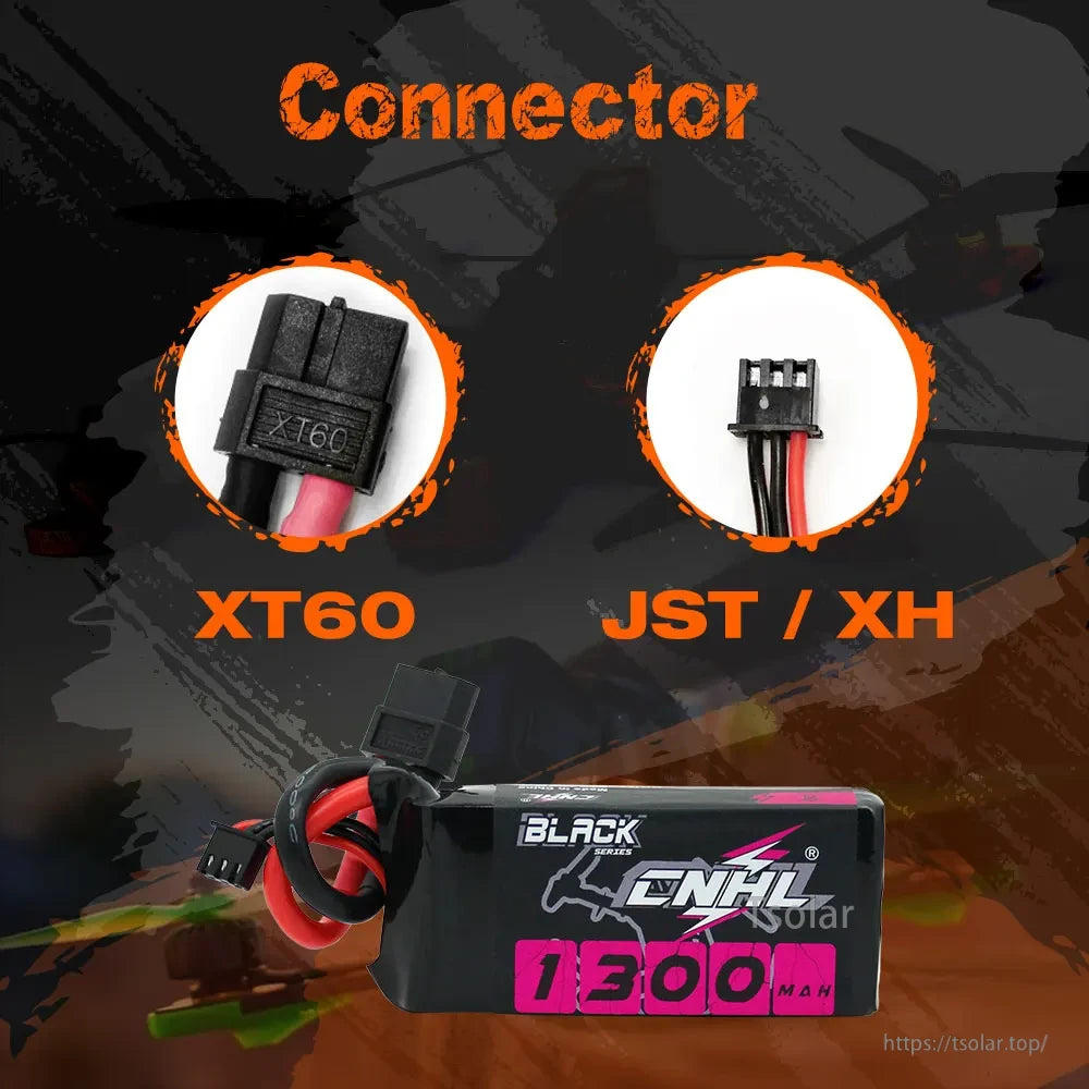 2pcs CNHL 2S Lipo Battery, CNHL Black Series 1300mAh 2S LiPo battery with XT60 and JST/XH connectors, designed for RC applications.