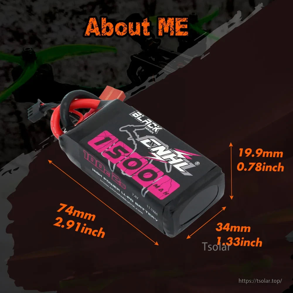 2pcs CNHL 2S Lipo Battery, CNHL 2S 7.4V 1500mAh LiPo battery, measuring 74x34x19.9mm, ideal for RC models and small electronics requiring reliable power.