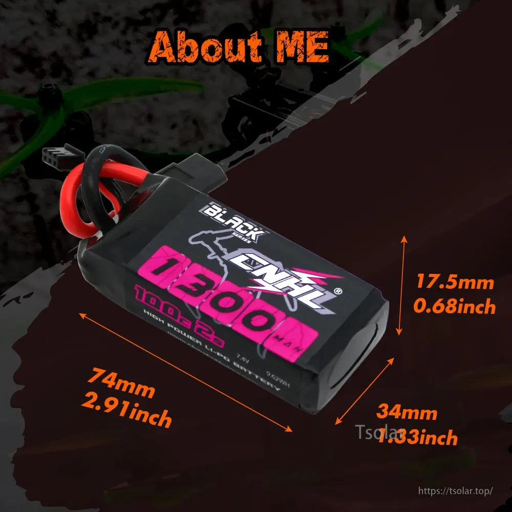 2pcs CNHL 2S Lipo Battery, CNHL 1300mAh 2S LiPo battery, 7.4V, 9.62Wh, measures 74x34x17.5mm, ideal for RC models and small electronics requiring reliable power.