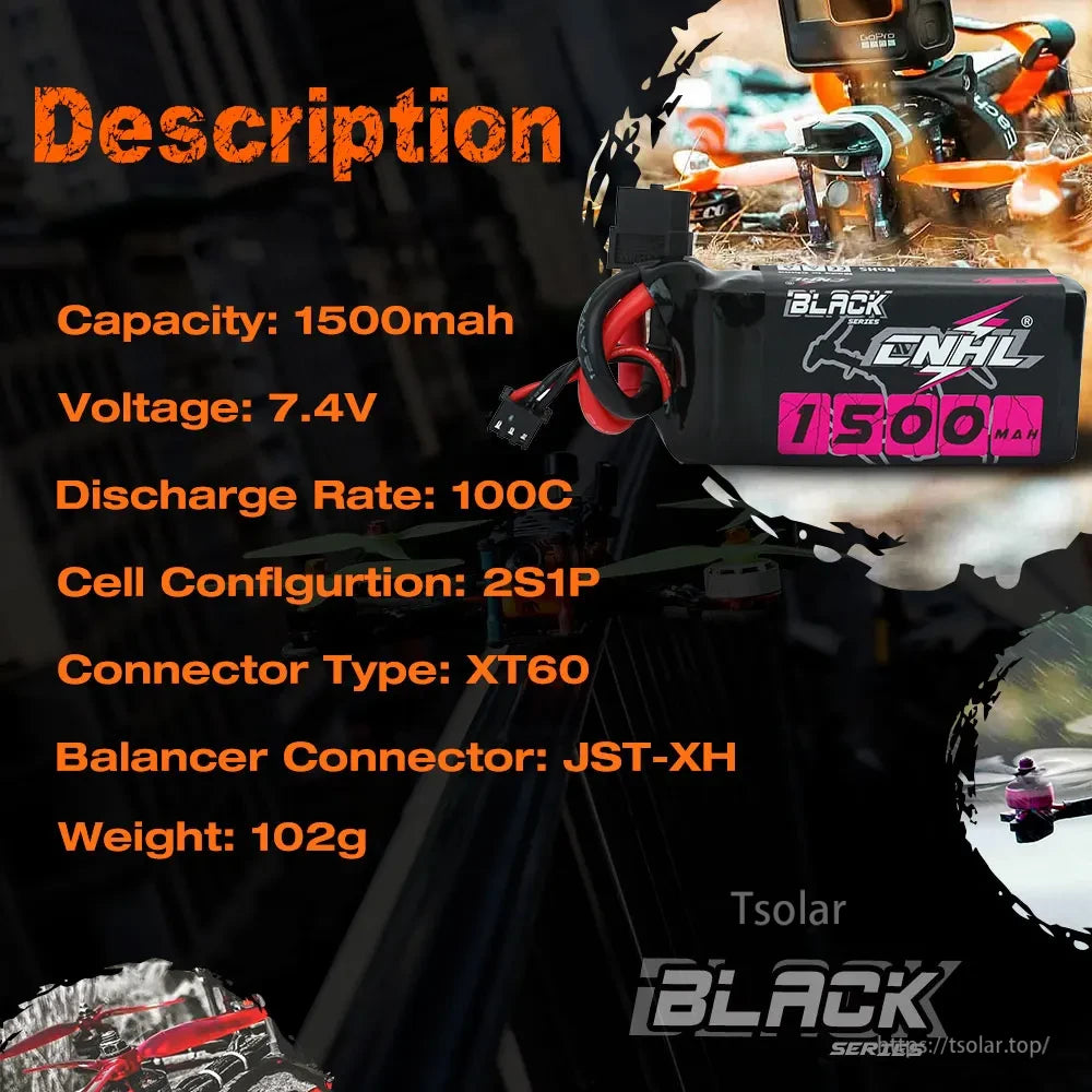 2pcs CNHL 2S Lipo Battery, CNHL 2S Lipo Battery: 1500mAh, 7.4V, 100C discharge, XT60, JST-XH balance, 102g, Black Series—ideal for drones and RC models.