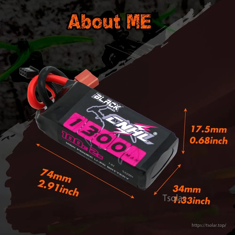 2pcs CNHL 2S Lipo Battery, CNHL 1300mAh 2S 7.4V 100C LiPo battery, 74x34x17.5mm, high power, ideal for drones.