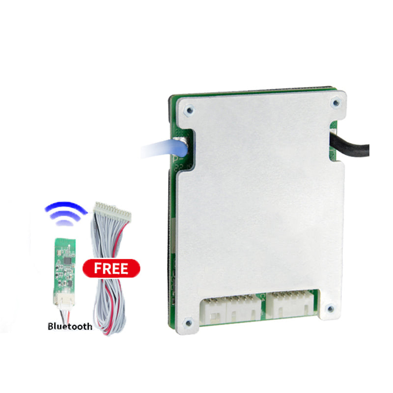 Smart BMS rear metal cover with included Bluetooth module and wiring harness shown beside unit