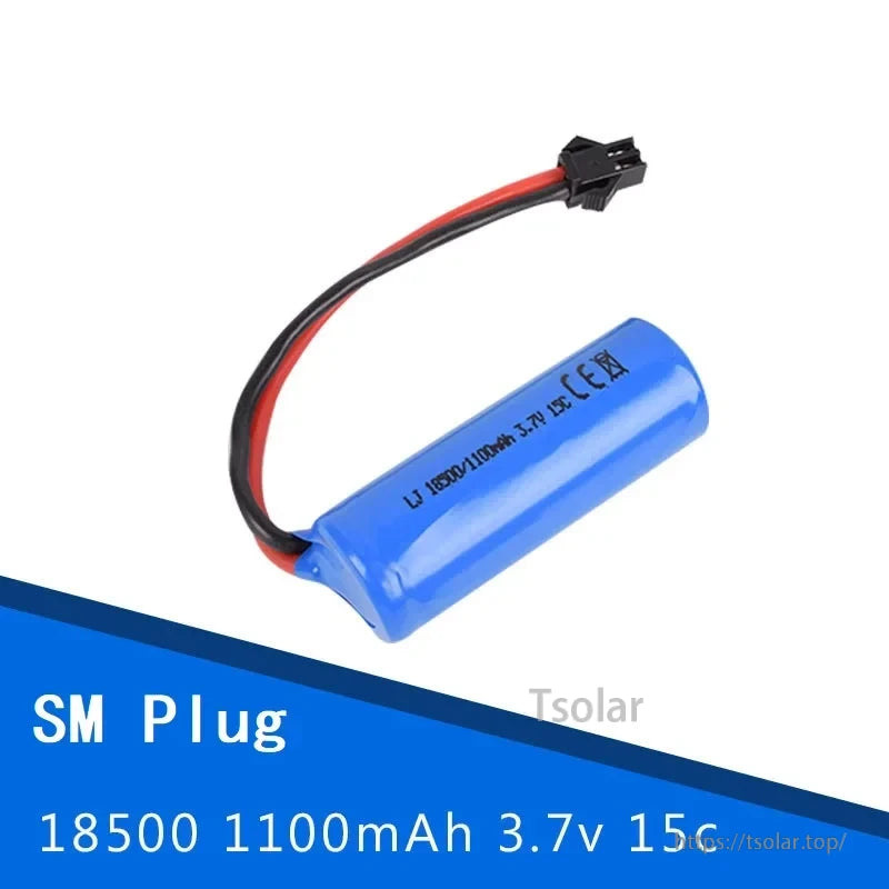 3.7V 1100mAh 18500 Li-Ion Battery, 1100mAh 3.7V Li-ion battery, blue casing, red/black wires, SM plug, CE marked, high 15C discharge rate.