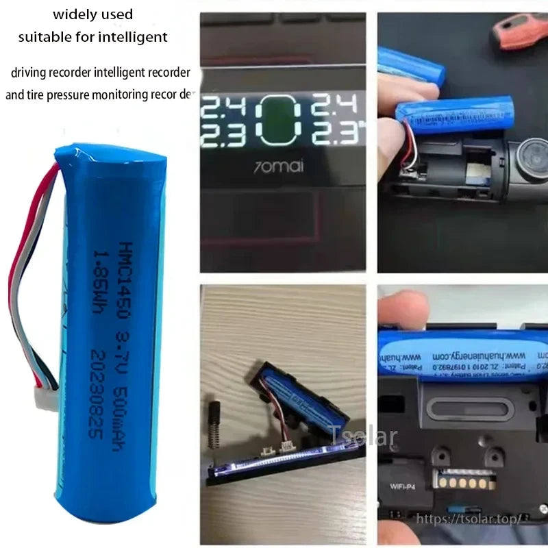 3.7V 500mAh Li‑Ion Replacement Battery, 3.7V 500mAh Li-ion battery for 70mai driving recorders and tire pressure monitors, ensuring reliable power for intelligent devices.
