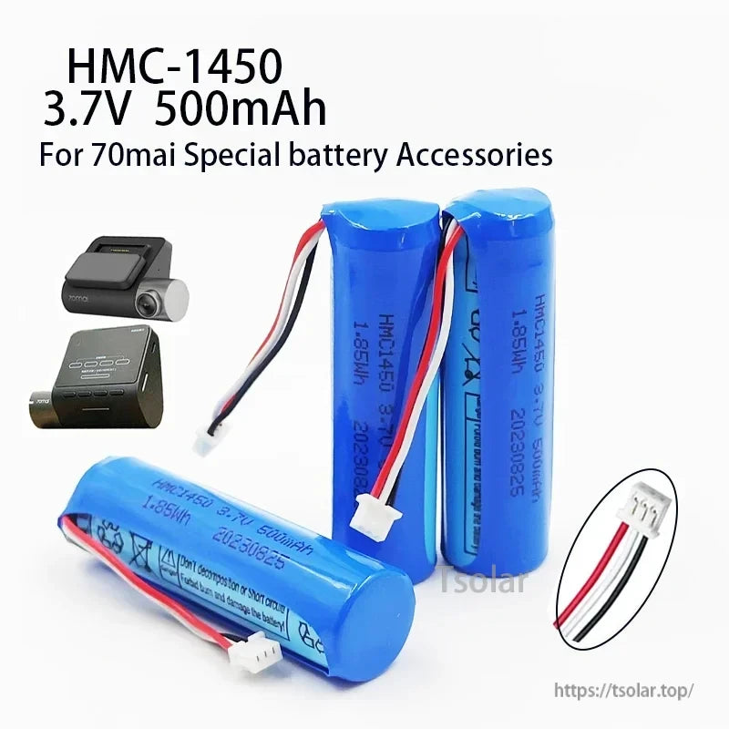 3.7V 500mAh Li‑Ion Replacement Battery, 3.7V 500mAh Li-ion battery for 70mai accessories, 1.85Wh, expires 20230825, includes red, black, white wires and connector.