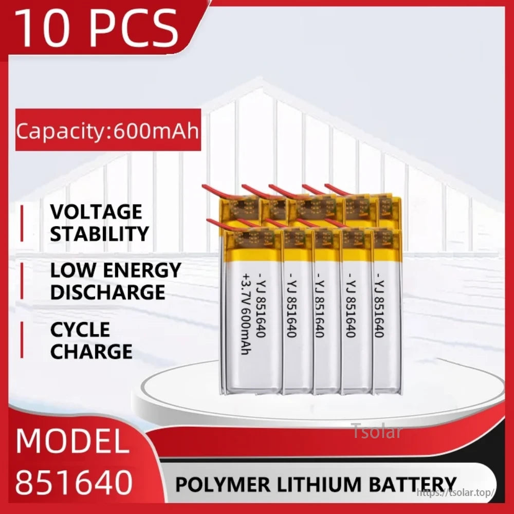 3.7V 600mAh LiPo Rechargeable Battery, 10 pcs 3.7V 600mAh LiPo batteries (model 851640), polymer lithium, offering voltage stability, low self-discharge, and good cycle life.