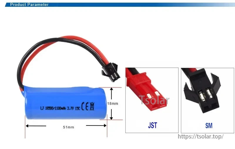 3.7V 1100mAh 18500 Li-Ion battery, 51mm x 18mm, features JST and SM connectors, CE certified.