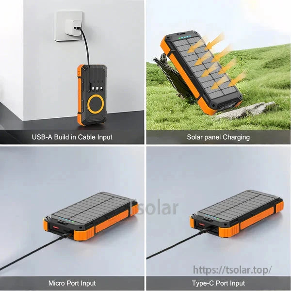 A 36000mAh solar power bank with multiple inputs (USB-A, solar, Micro, Type-C) for versatile charging options.