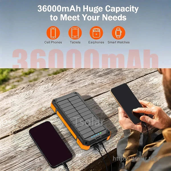 36000mAh Solar Power Bank, Solar power bank charges phones, tablets, earphones, smart watches.