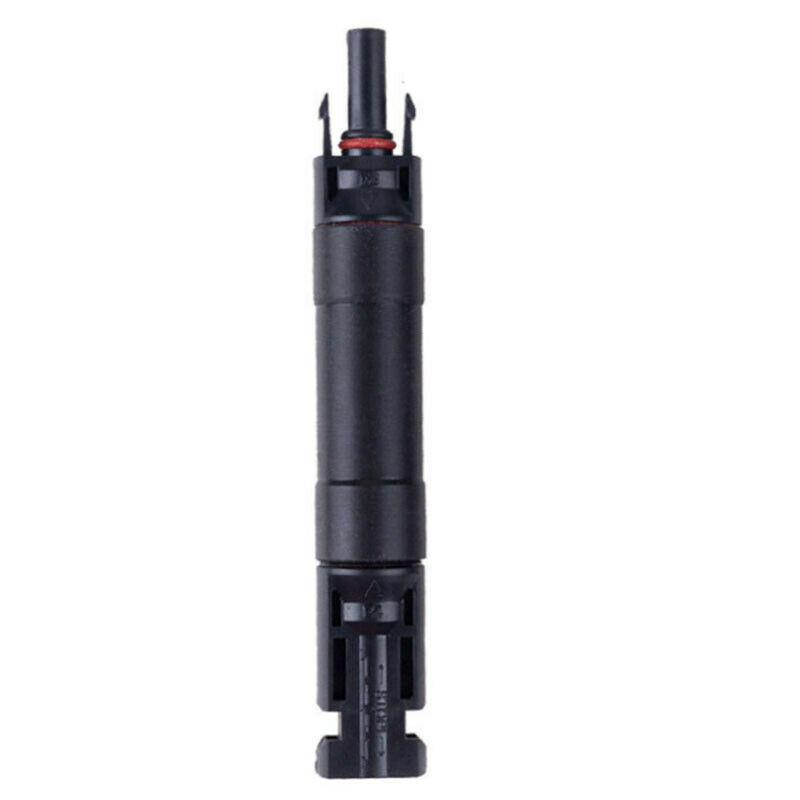 MC4 photovoltaic in-line fuse cable connector in black housing with locking tabs and red O-ring seal