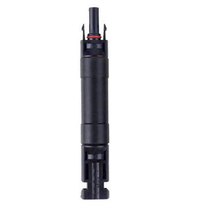 MC4 photovoltaic in-line fuse cable connector in black housing with locking tabs and red O-ring seal