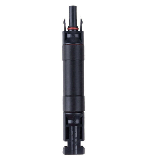 MC4 photovoltaic in-line fuse cable connector in black housing with locking tabs and red O-ring seal