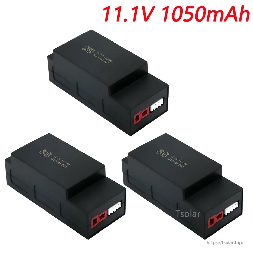 3S 11.1V 1050mAh LiPo Battery, Three 11.1V 1050mAh 25C LiPo batteries with red and white connectors.