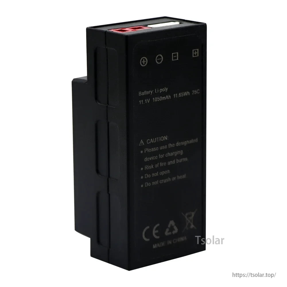 3S 11.1V 1050mAh LiPo Battery, 11.1V 1050mAh LiPo battery, 25C, 11.65Wh. Use only designated charger. Risk of fire. Do not open, crush, or heat. CE marked. Made in China.