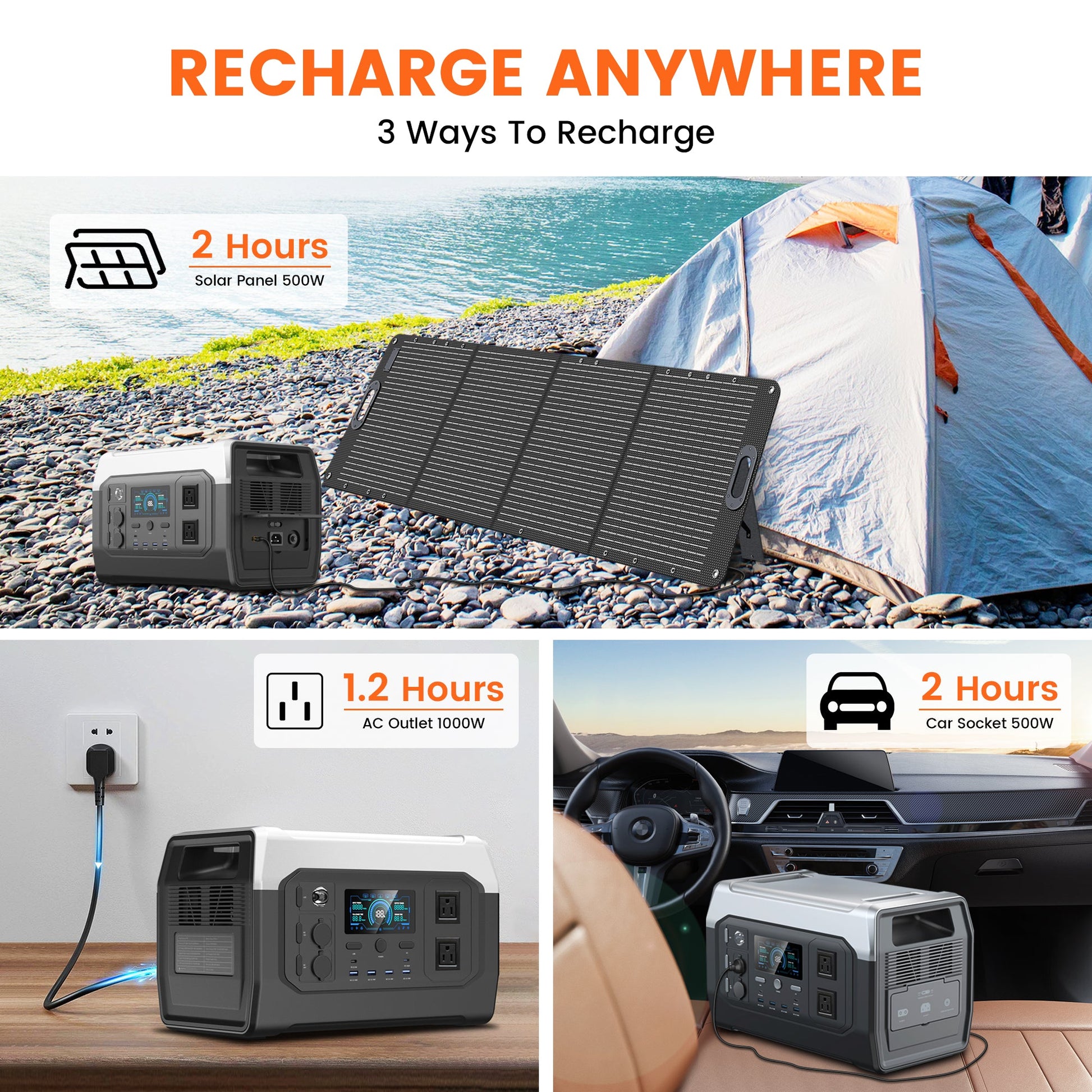 CTOLITY XPower 1000 (XP1000), Solar, AC, car socket charging; fast options for portable power station.