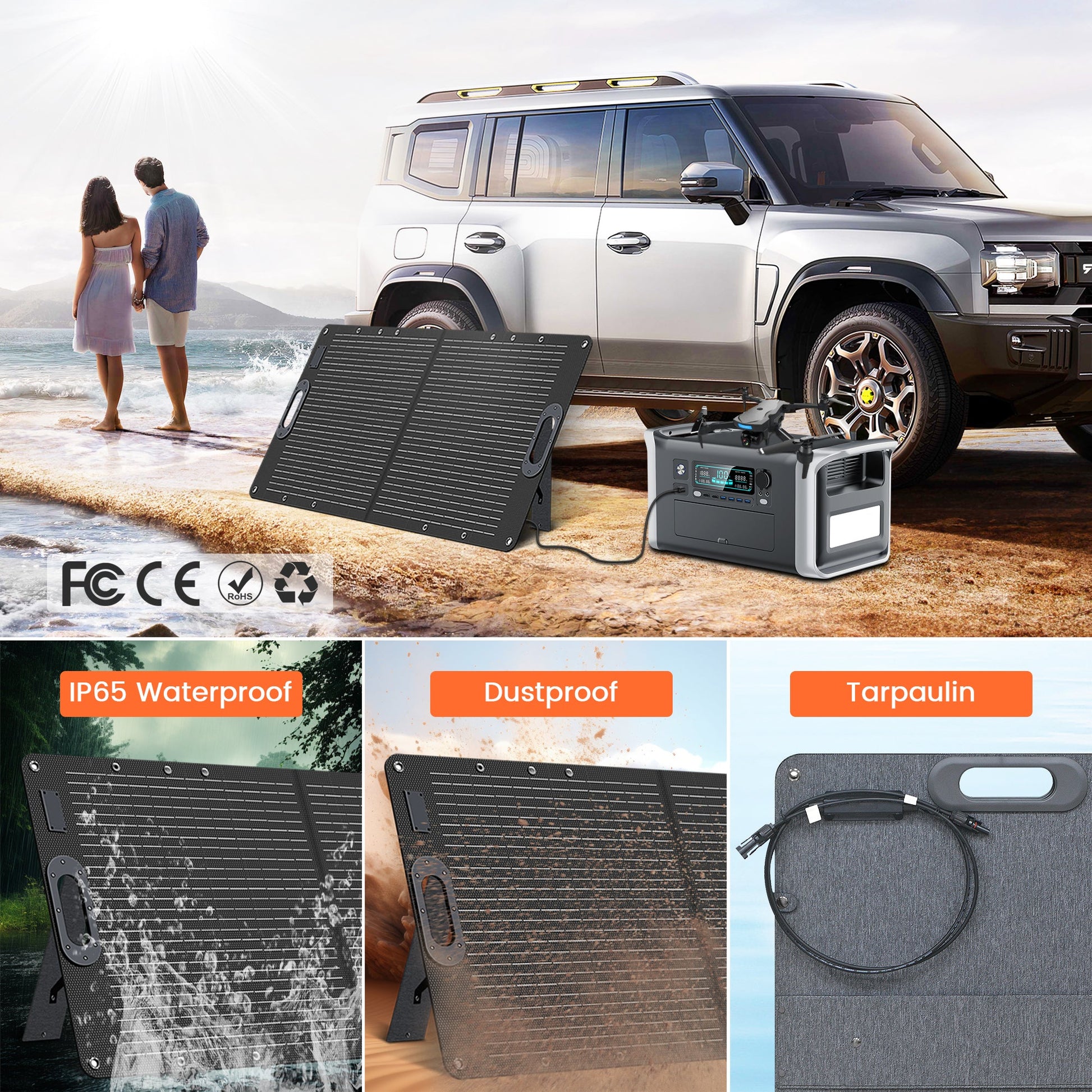 CTOLITY SPC100W 100W Foldable Solar Panel, A foldable, portable 100W solar panel with high efficiency, IP65 rating, kickstand, MC4 connector, and tarpaulin cover.
