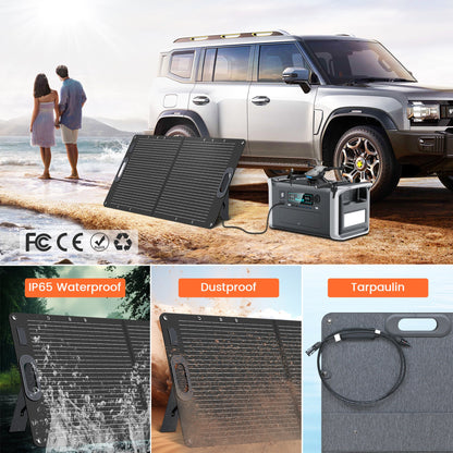 CTOLITY SPC100W 100W Foldable Solar Panel, A foldable, portable 100W solar panel with high efficiency, IP65 rating, kickstand, MC4 connector, and tarpaulin cover.