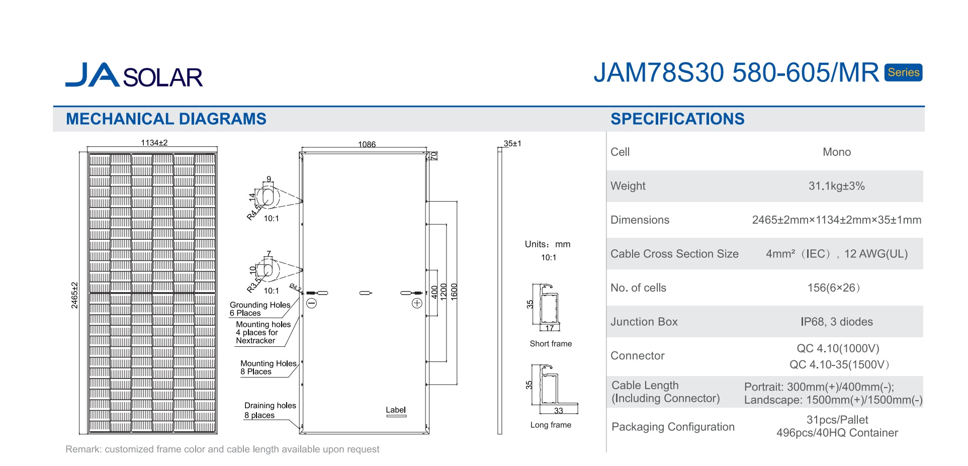 JA Solar's 580-605W solar panel specifications and details.