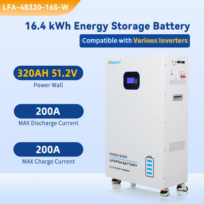 Spec graphic for Ampinvt 16.4kWh 51.2V 320Ah energy storage battery, shows 200A max charge/discharge