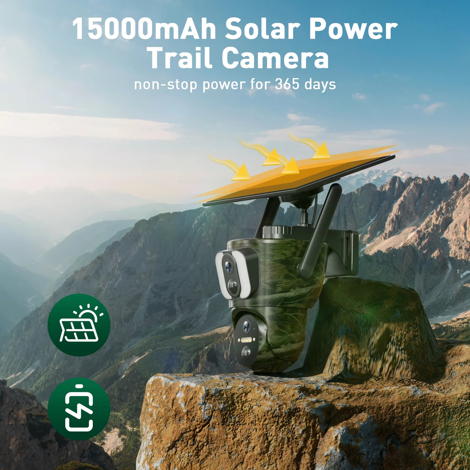 High-capacity solar-powered trail camera with non-stop power for 365 days and 8 megapixel resolution.