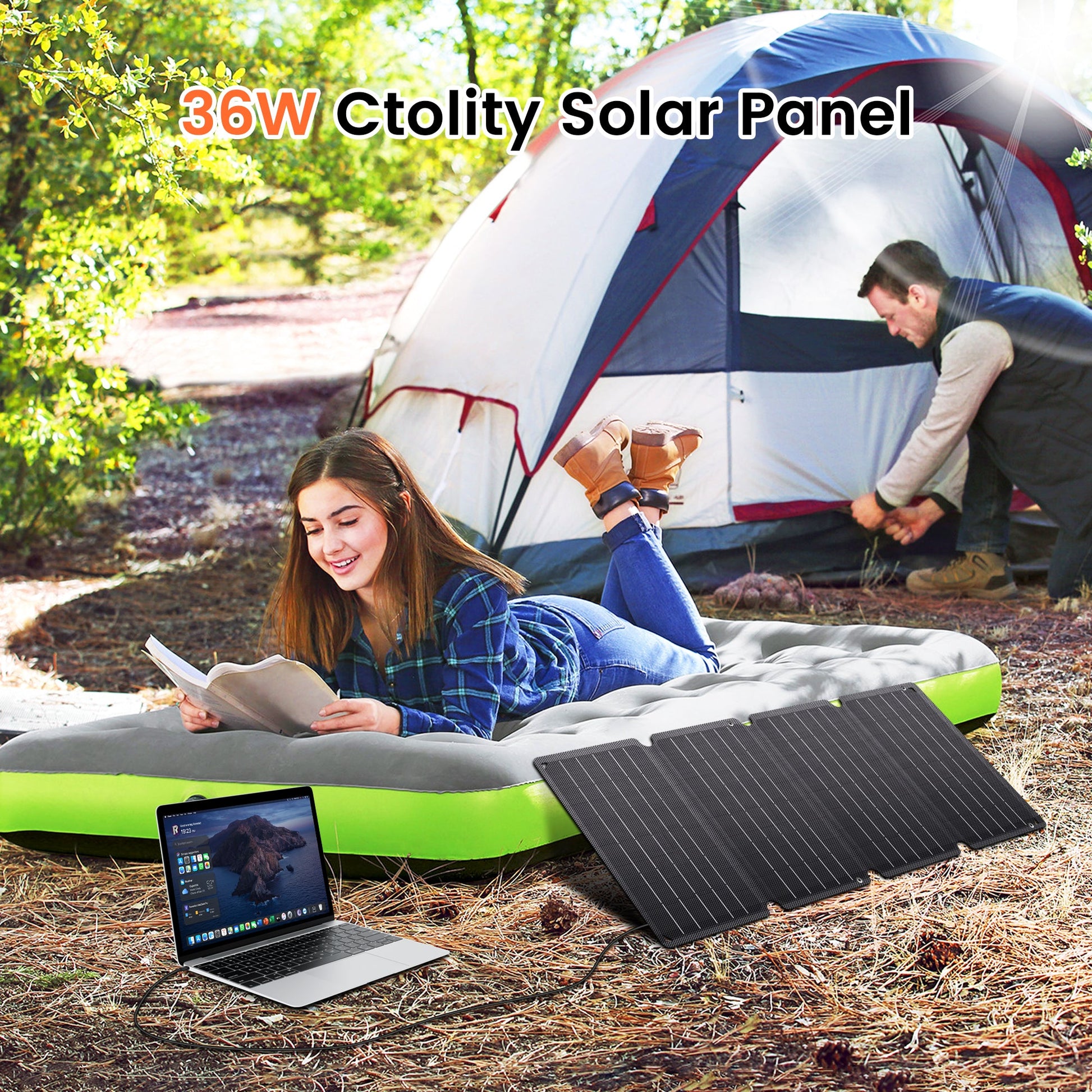 CTOLITY SPC36 36W Foldable Solar Panel, USB-C/USB-A 5V 3A, 23% A+ Mono ETFE, IP65 Waterproof Portable Charger