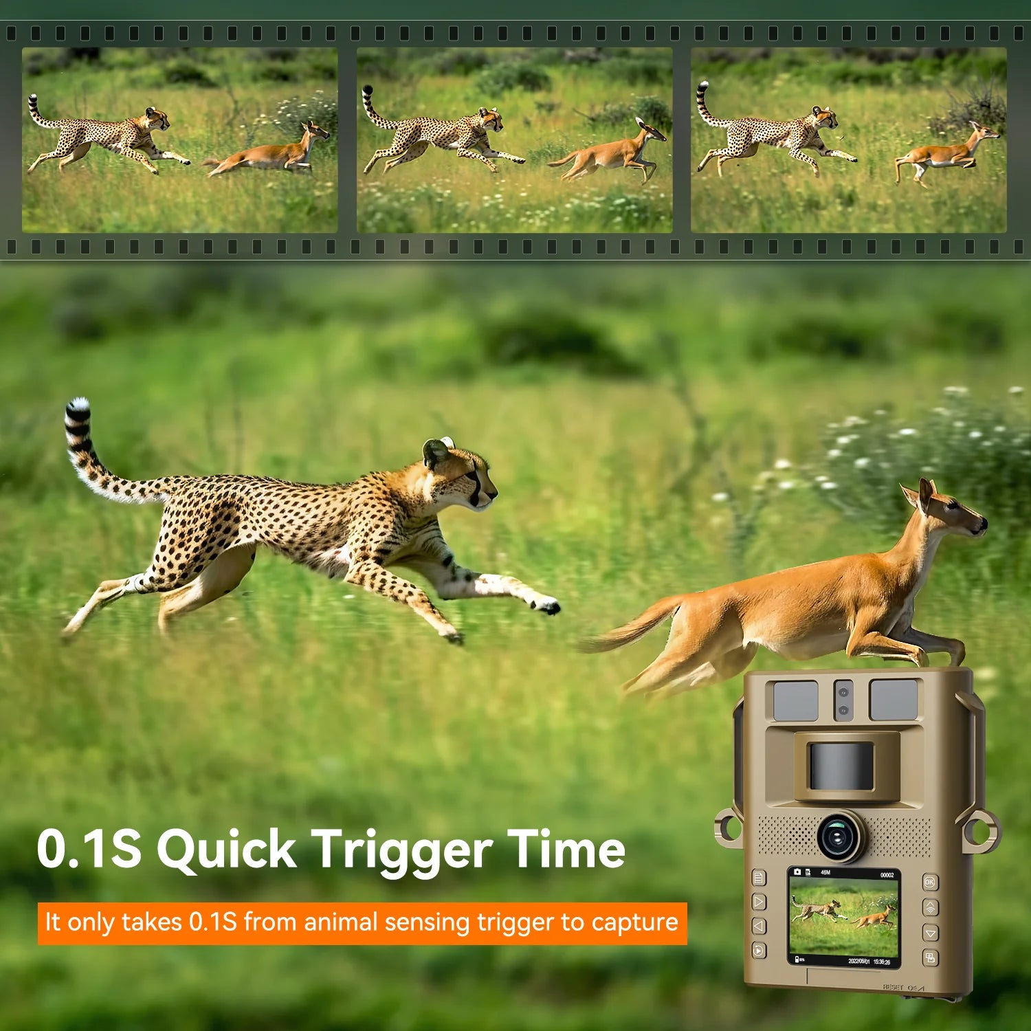 This trail camera has a 0.1 sec trigger time, 20MP sensor, and 4K video recording.