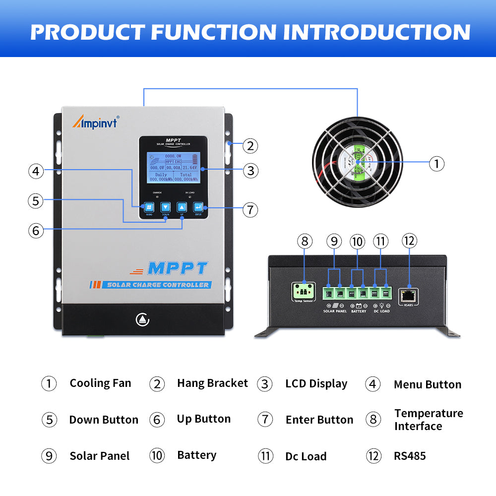 Product function diagram showing cooling fan, LCD controls, and terminals for solar, battery, DC load, RS485