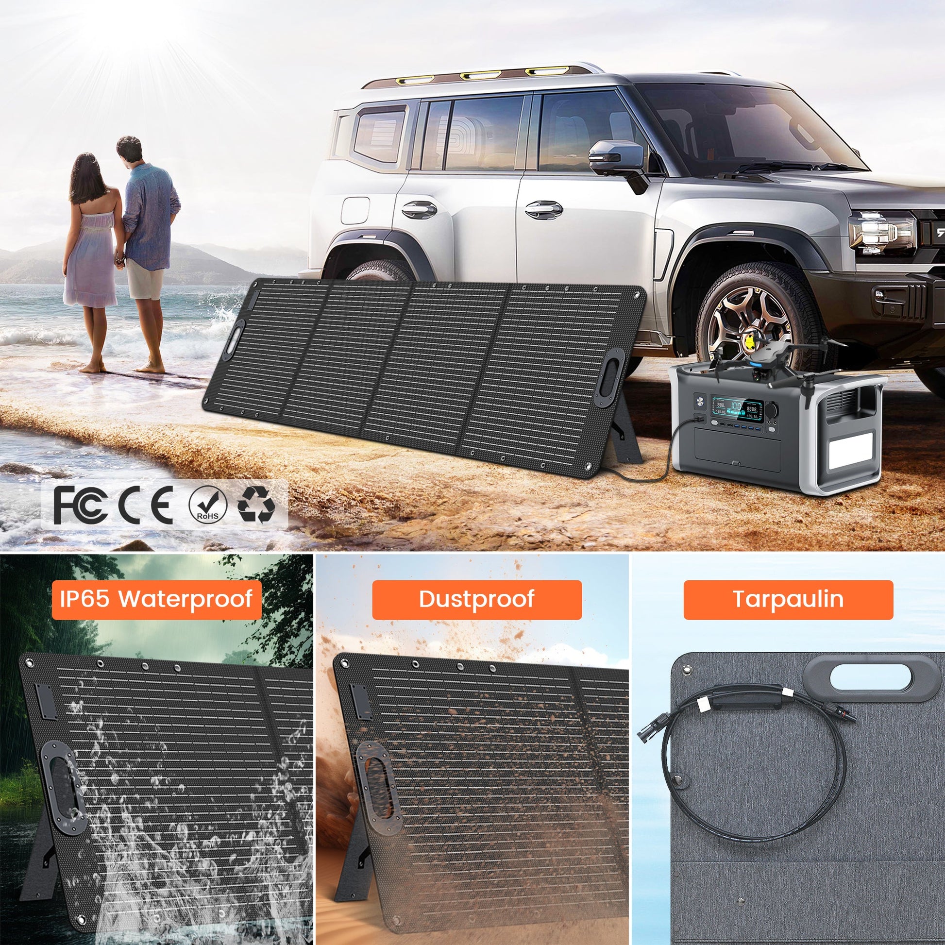 CTOLITY SPC200 200W Foldable Solar Panel, A 200W foldable solar panel with 23.7% efficiency, IP65 rating, dustproof, tarpaulin cover, and multiple connectors for power stations.