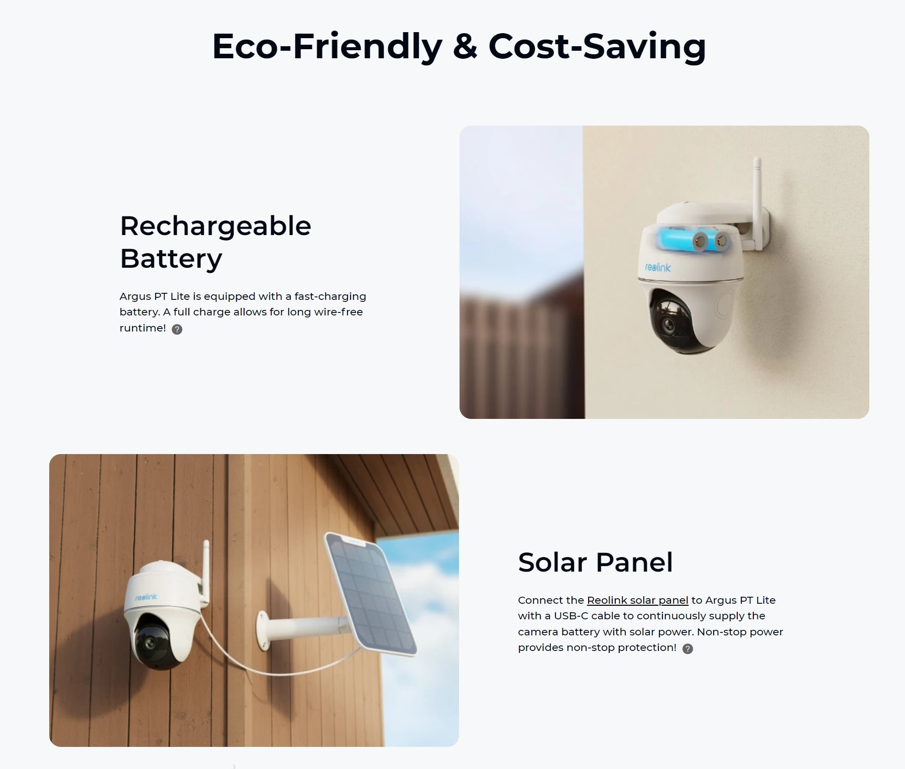 Solar-powered wireless security camera recharges via USB-C for extended battery life.