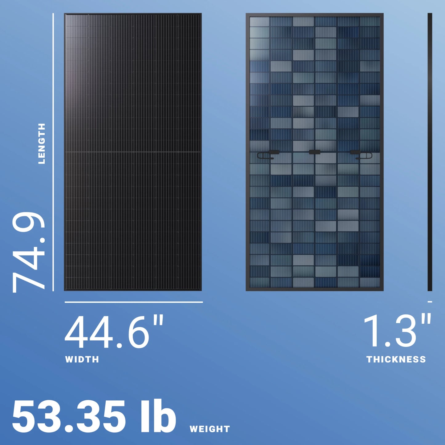 Aptos 440W Solar Panel, Large solar panel with dimensions 19.4x1.3 inches, weighing around 53.35 pounds.