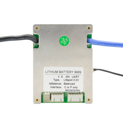 JBD SP04S010A Smart BMS front view with lithium battery BMS label and balance lead connectors
