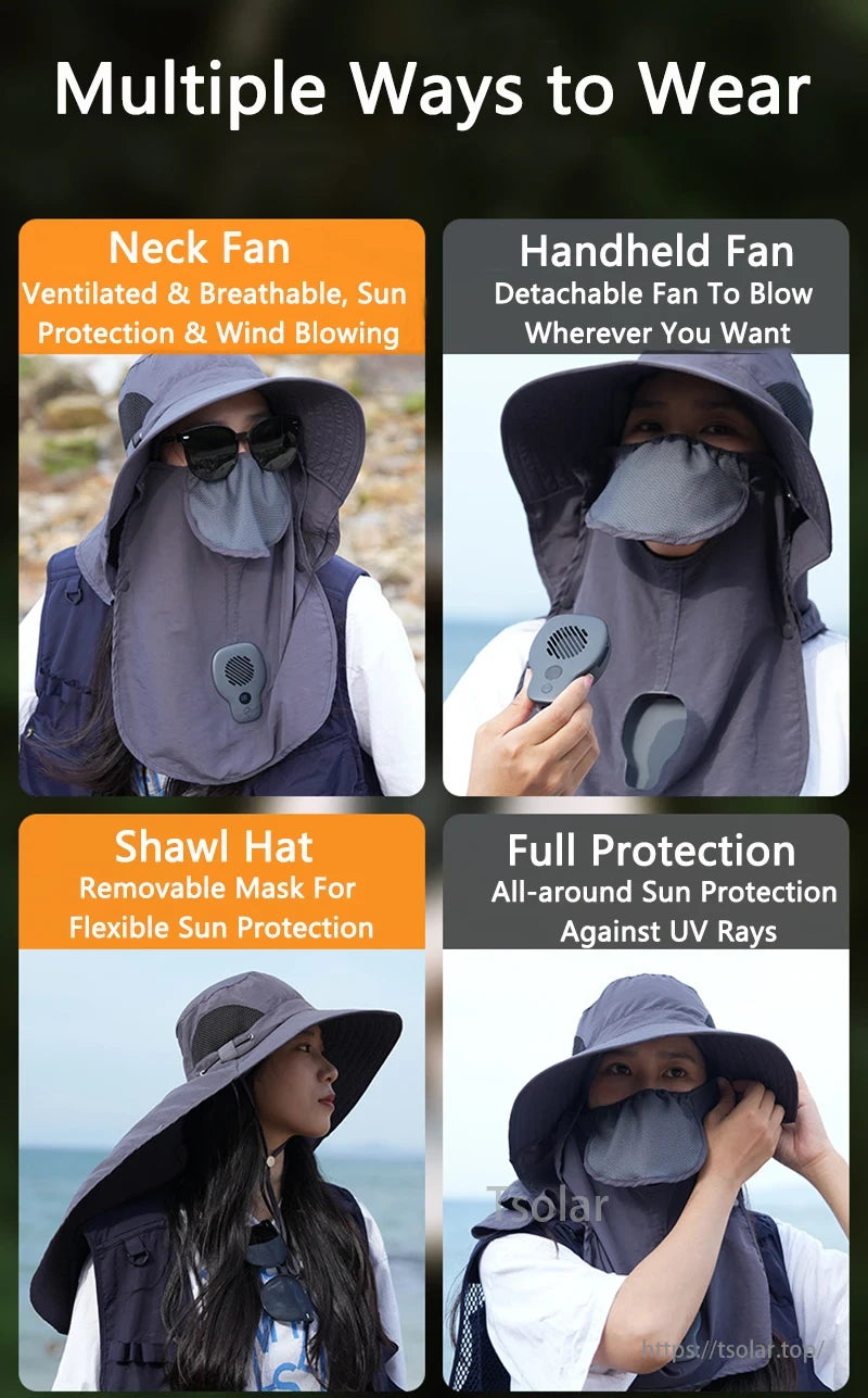 4-in-1 Sun Protection Hat provides neck fan, handheld fan, shawl hat, and full UV protection for versatile use.