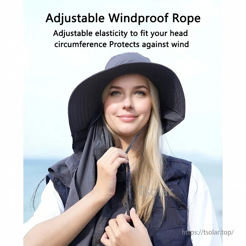 4-in-1 Sun Protection Hat, Elastic rope fits head, protects from wind, ensures sun protection, comfort, and safety.