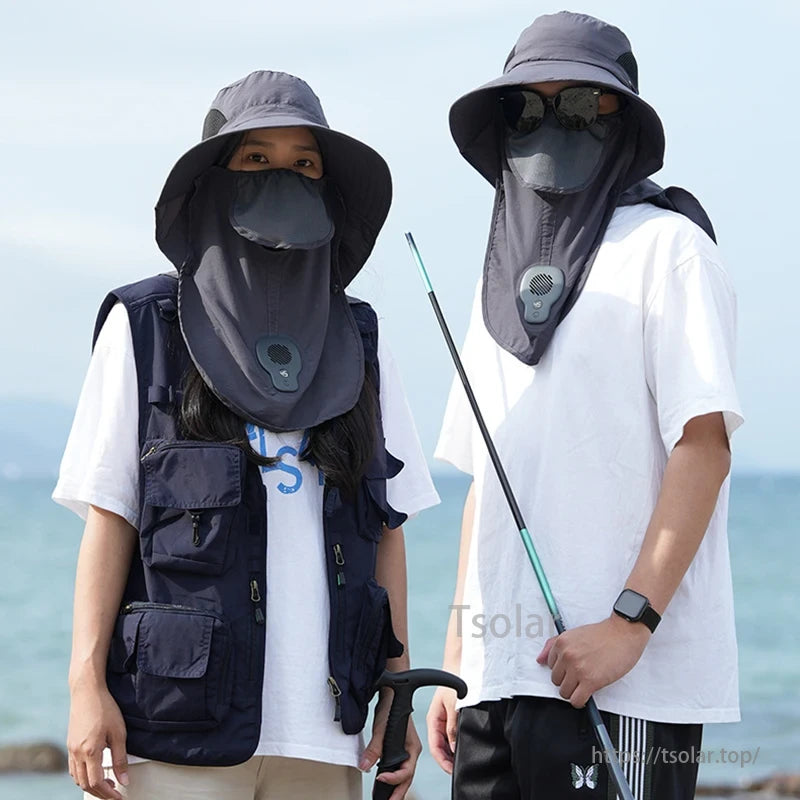 4-in-1 Sun Protection Hat, Outdoor sun hat with UV protection, built-in fan, and adjustable size for summer activities like hiking, fishing, cycling, and gardening.