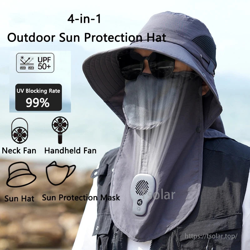 4-in-1 Sun Protection Hat, A multi-functional outdoor hat offering UPF 50+, 99% UV protection, neck & handheld fans, and a sun protection mask. Ideal for sun safety.